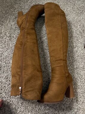 Over-the-Knee Suede-Look Boots in Tan with Chunky Heel